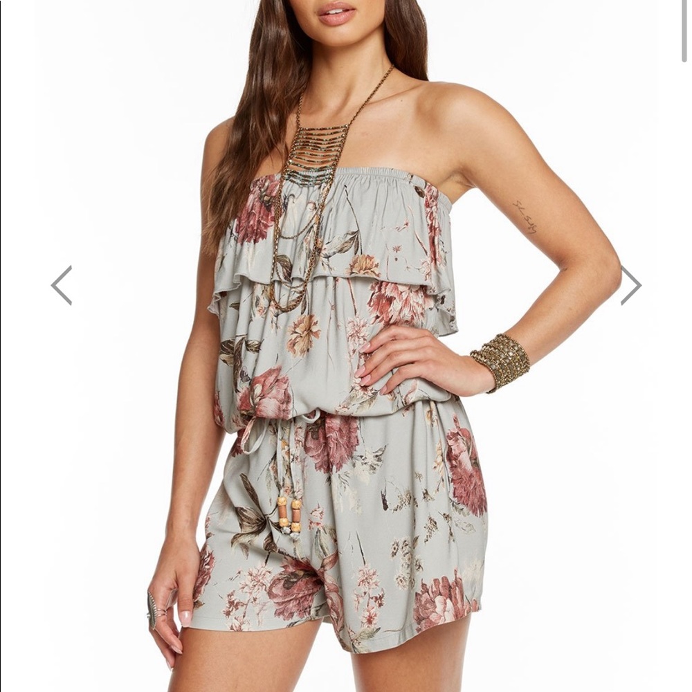 “Chaser Heirloom” strapless ruffle shorts romper